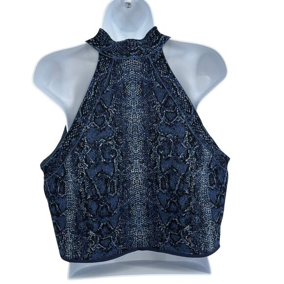 BCBG Maxazria Halter Neck Crop Top XL Blue Black Snakeskin Print Y2K Aesthetic - Picture 3 of 6